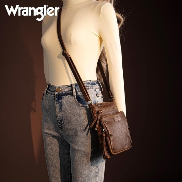 Wrangler Crossbody Bag for Women Small Soft Washed Leather Multi Pocket Shoulder - Picture 2 of 6